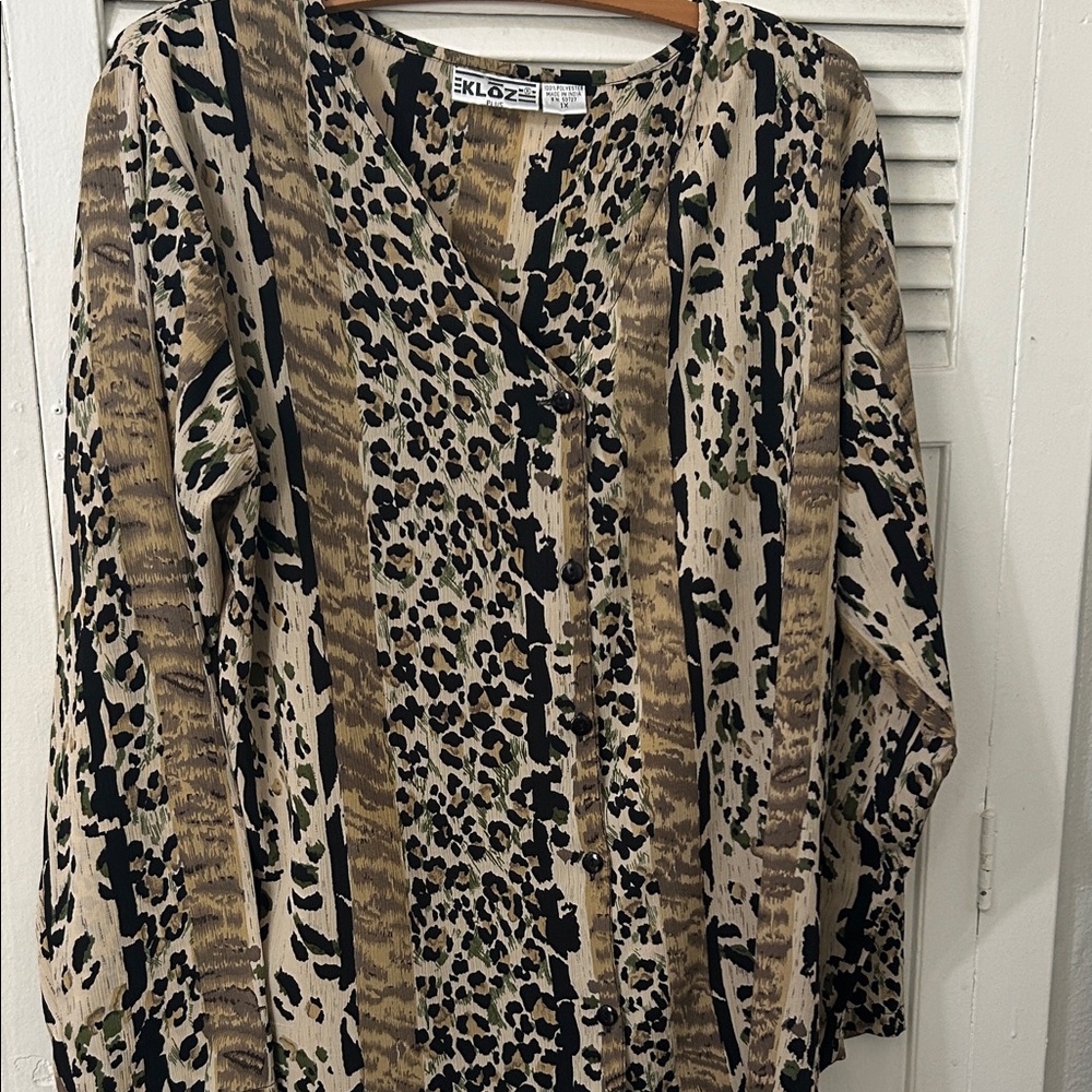 Women's Animal Print Blouse - Black, Tan, Green button up.